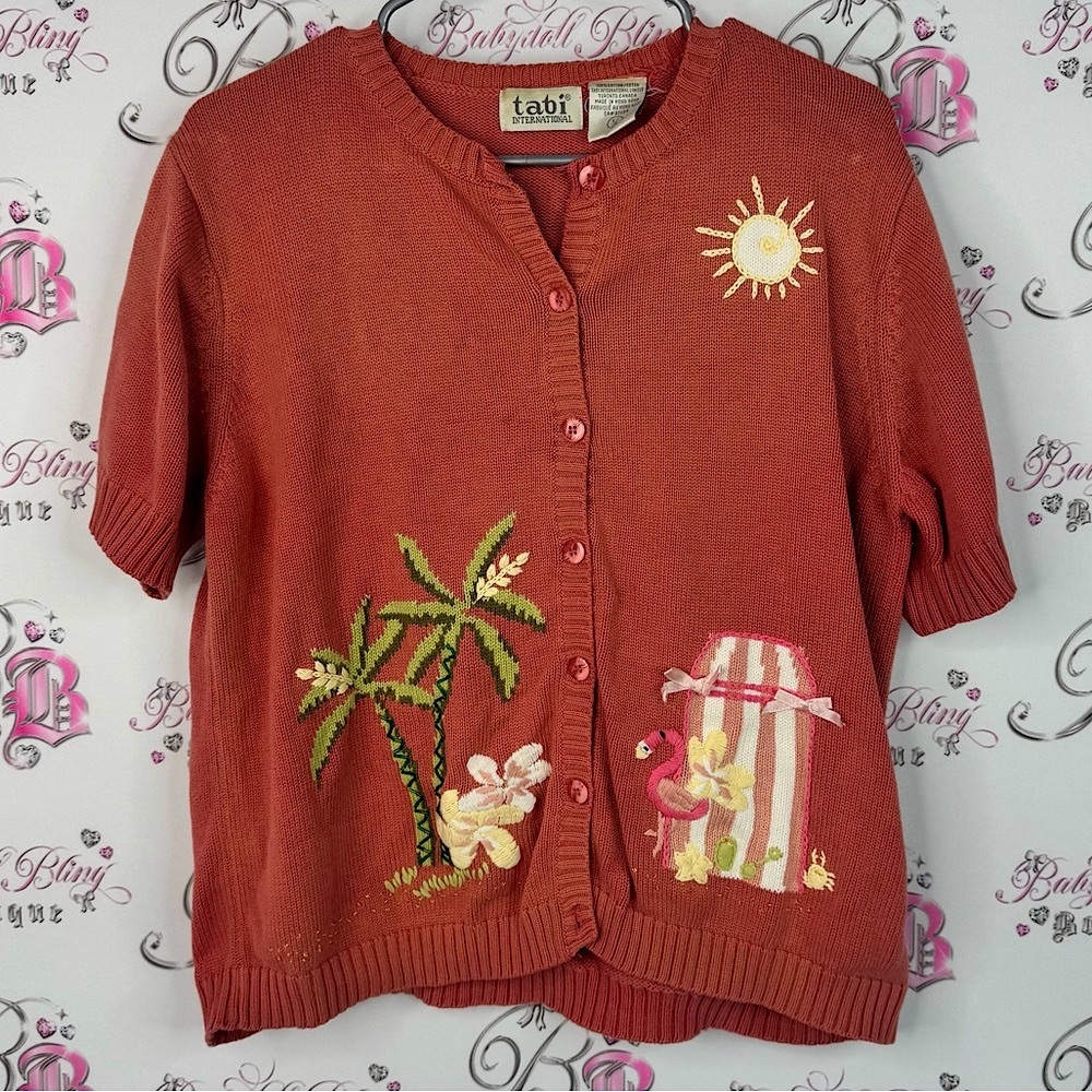 Tabi international cardigan Red Cardigan with Palm Tree and Sun Design